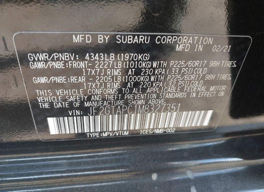 Photo 9 of 2021 Subaru Crosstrek PREMIUM (VIN JF2GTAPC1M8327351)