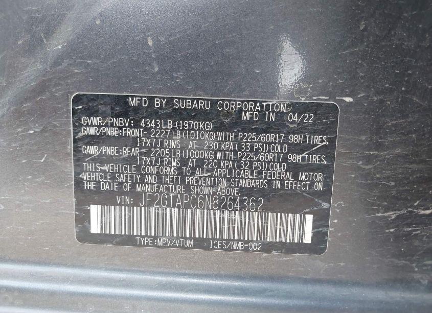 Photo 9 of 2022 Subaru Crosstrek PREMIUM (VIN JF2GTAPC6N8264362)