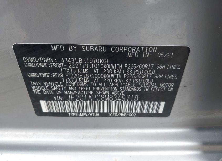 Photo 9 of 2021 Subaru Crosstrek PREMIUM (VIN JF2GTAPC8M8349718)