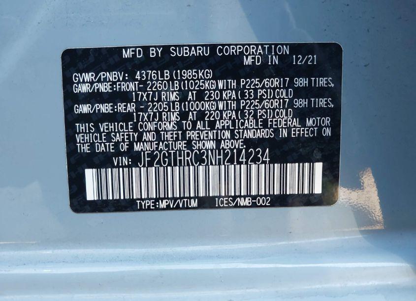 Photo 9 of 2022 Subaru Crosstrek SPORT (VIN JF2GTHRC3NH214234)