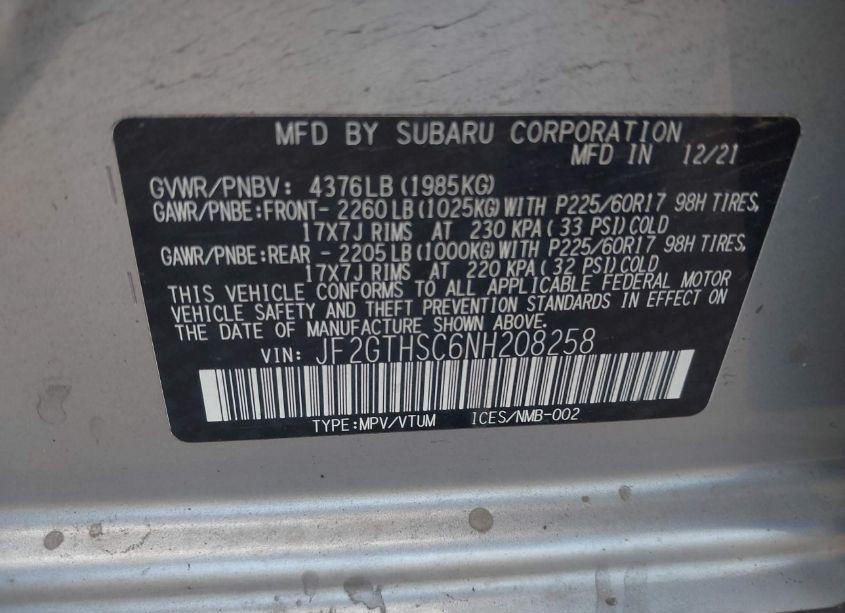 Photo 9 of 2022 Subaru Crosstrek SPORT (VIN JF2GTHSC6NH208258)