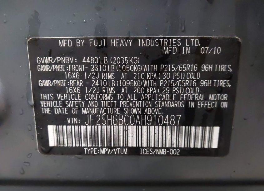 Photo 9 of 2010 Subaru Forester 2.5X (VIN JF2SH6BC0AH910487)