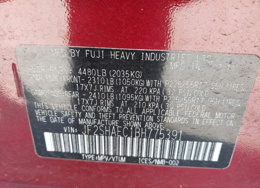 Photo 9 of 2011 Subaru Forester 2.5X LIMITED (VIN JF2SHAEC1BH775391)