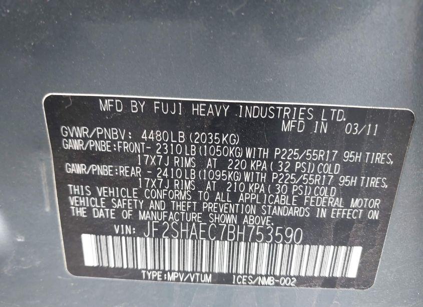 Photo 9 of 2011 Subaru Forester 2.5X LIMITED (VIN JF2SHAEC7BH753590)
