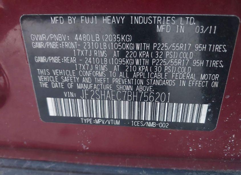 Photo 9 of 2011 Subaru Forester 2.5X LIMITED (VIN JF2SHAEC7BH756201)