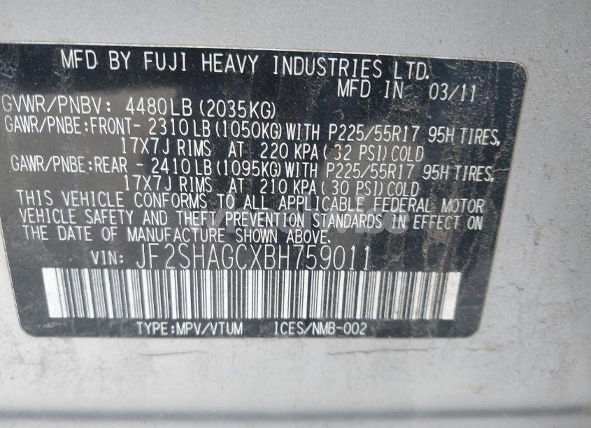 Photo 9 of 2011 Subaru Forester 2.5X TOURING (VIN JF2SHAGCXBH759011)
