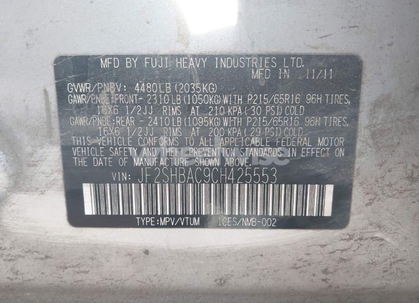 Photo 9 of 2012 Subaru Forester 2.5X (VIN JF2SHBAC9CH425553)