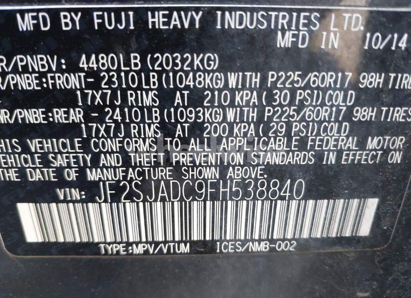 Photo 9 of 2015 Subaru Forester 2.5I PREMIUM (VIN JF2SJADC9FH538840)