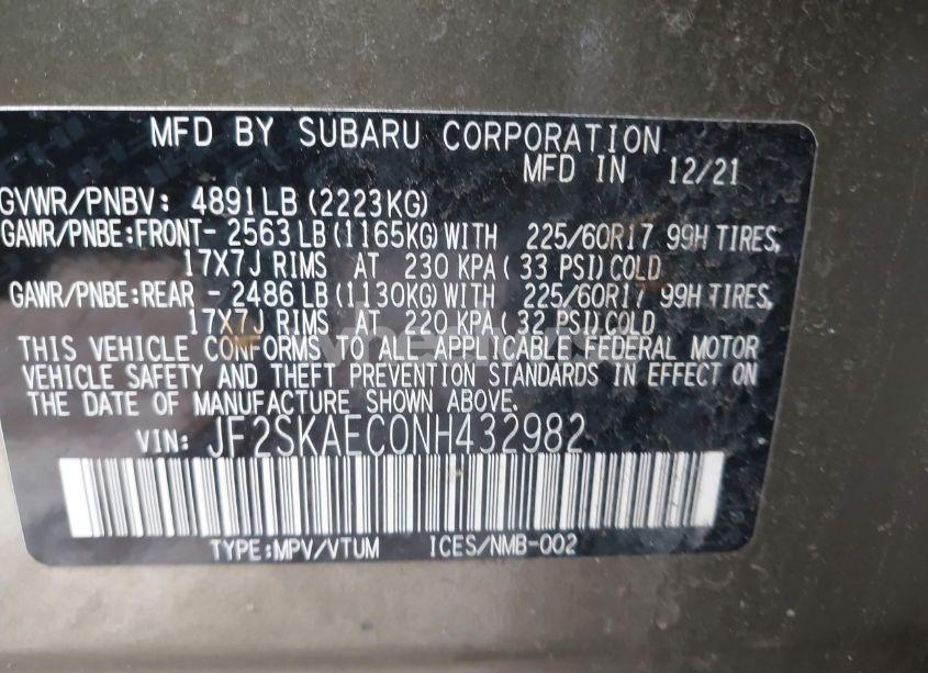Photo 9 of 2022 Subaru Forester PREMIUM (VIN JF2SKAEC0NH432982)