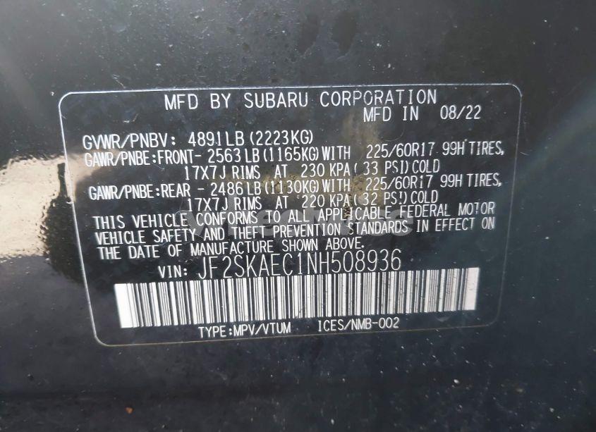 Photo 9 of 2022 Subaru Forester PREMIUM (VIN JF2SKAEC1NH508936)