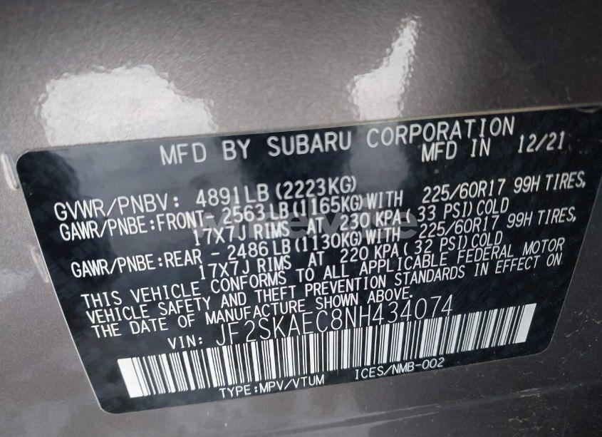 Photo 9 of 2022 Subaru Forester PREMIUM (VIN JF2SKAEC8NH434074)