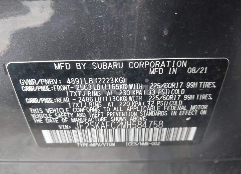 Photo 9 of 2021 Subaru Forester PREMIUM (VIN JF2SKAFC2MH584758)