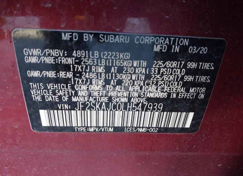 Photo 9 of 2020 Subaru Forester PREMIUM (VIN JF2SKAJC0LH547939)