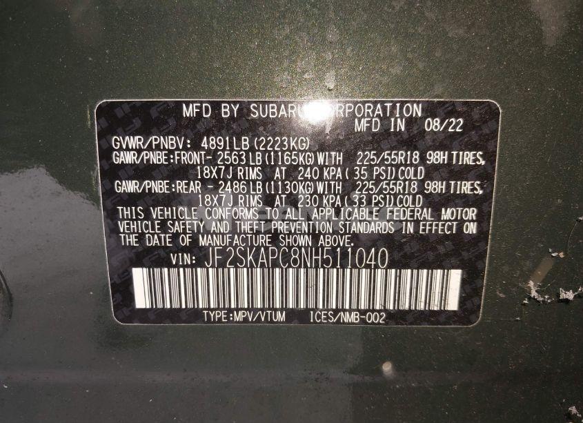Photo 9 of 2022 Subaru Forester LIMITED (VIN JF2SKAPC8NH511040)