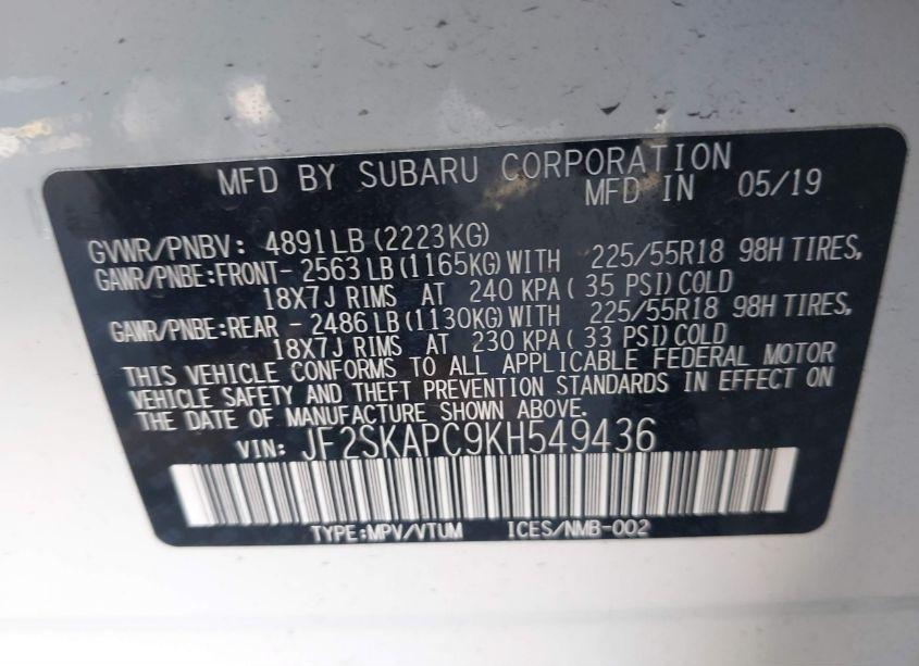 Photo 9 of 2019 Subaru Forester SPORT (VIN JF2SKAPC9KH549436)