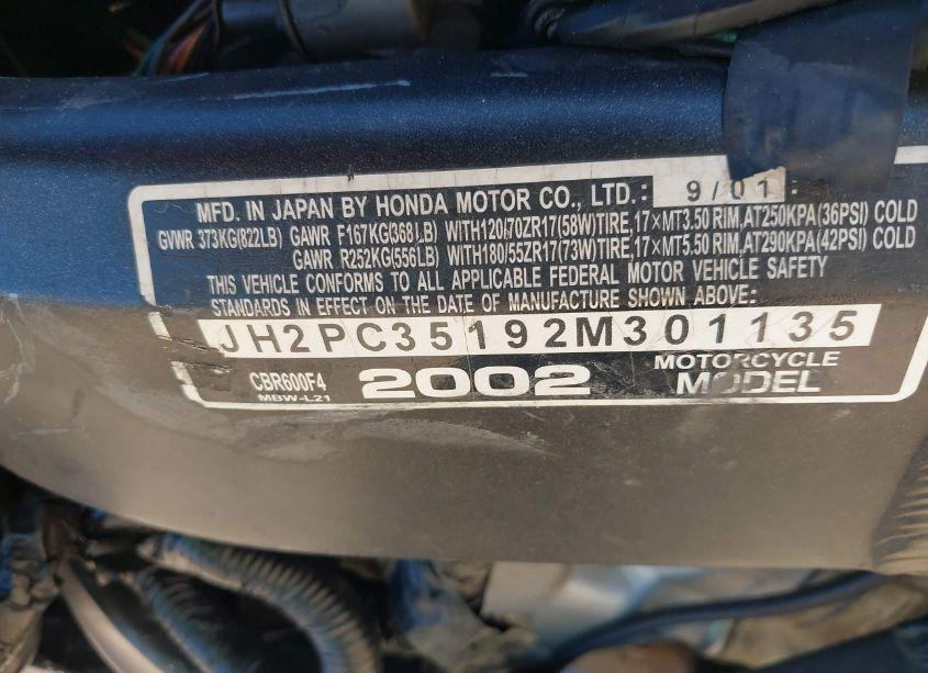 Photo 10 of 2002 Honda Cbr600 F4 (VIN JH2PC35192M301135)