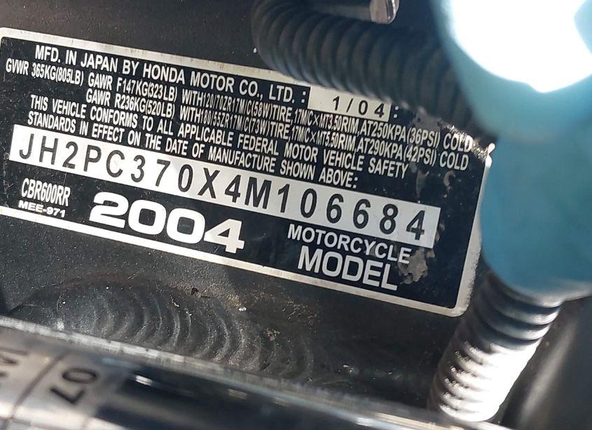 Photo 10 of 2004 Honda Cbr600 RR (VIN JH2PC370X4M106684)