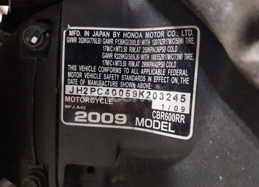Photo 10 of 2009 Honda Cbr600 RR (VIN JH2PC40059K203245)