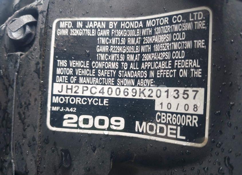 Photo 10 of 2009 Honda Cbr600 RR (VIN JH2PC40069K201357)