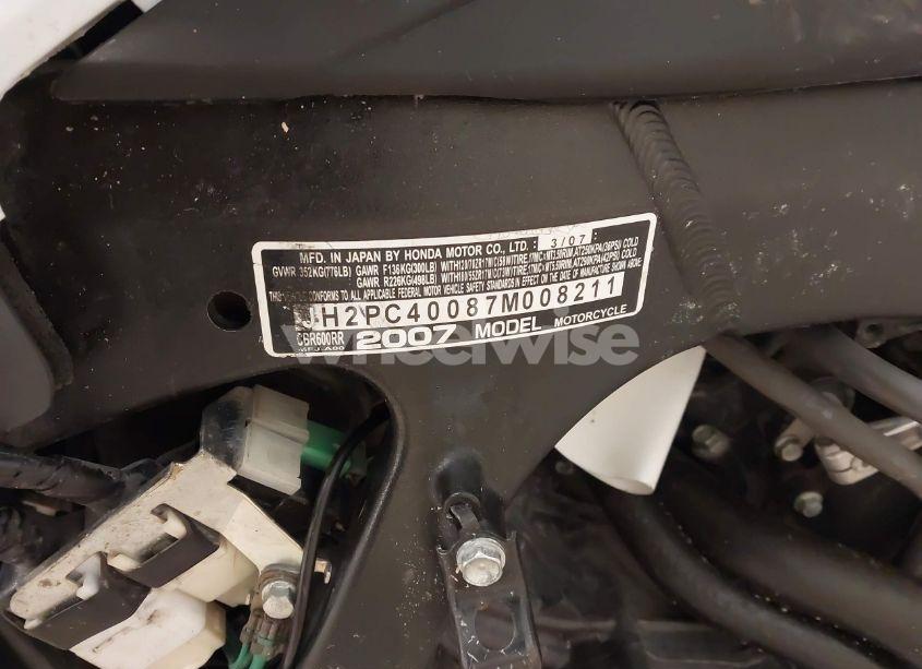 Photo 10 of 2007 Honda Cbr600 RR (VIN JH2PC40087M008211)