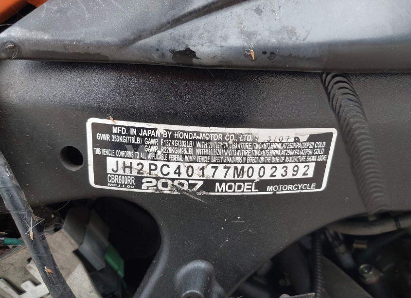 Photo 10 of 2007 Honda Cbr600 RR (VIN JH2PC40177M002392)