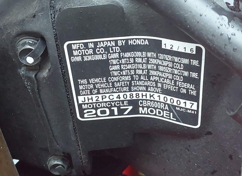 Photo 10 of 2017 Honda Cbr600 RA (VIN JH2PC4088HK100017)