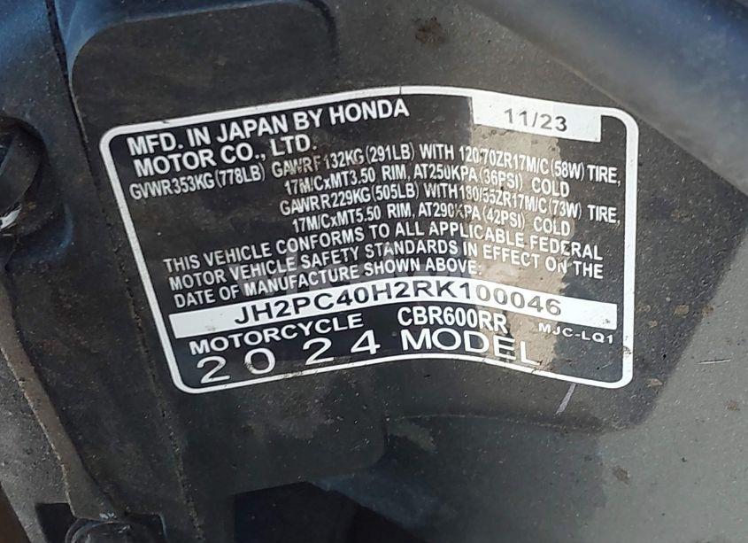 Photo 10 of 2024 Honda Cbr600 RR (VIN JH2PC40H2RK100046)