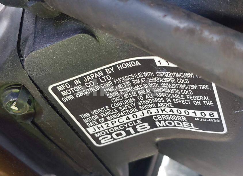 Photo 10 of 2018 Honda Cbr600 RR (VIN JH2PC40J5JK400106)