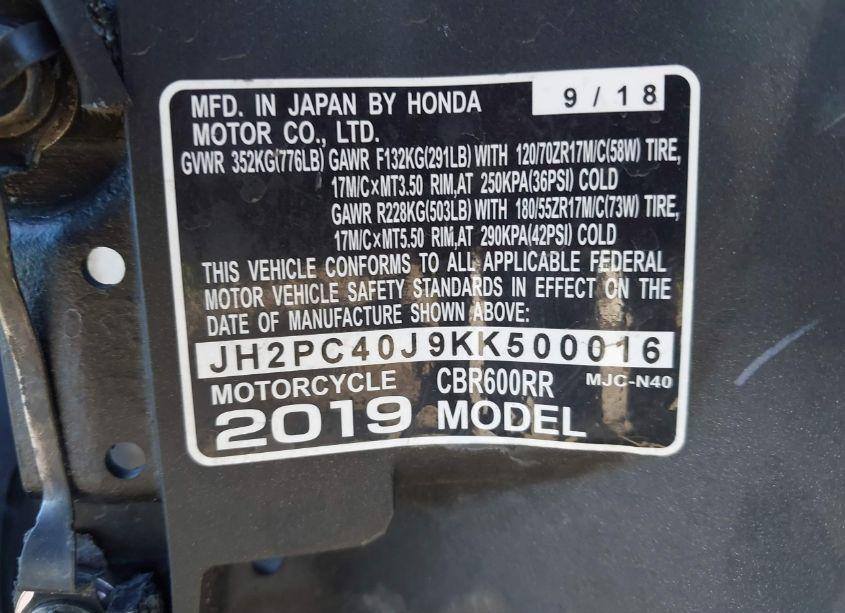 Photo 10 of 2019 Honda Cbr600 RR (VIN JH2PC40J9KK500016)