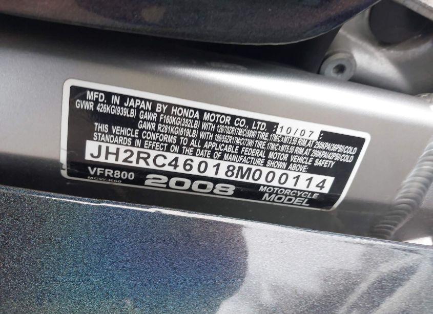 Photo 10 of 2008 Honda Vfr800 N/A (VIN JH2RC46018M000114)