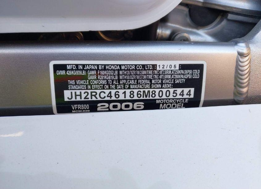 Photo 10 of 2006 Honda Vfr800 N/A (VIN JH2RC46186M800544)