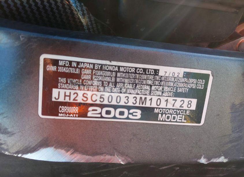 Photo 10 of 2003 Honda Cbr900 RR (VIN JH2SC50033M101728)