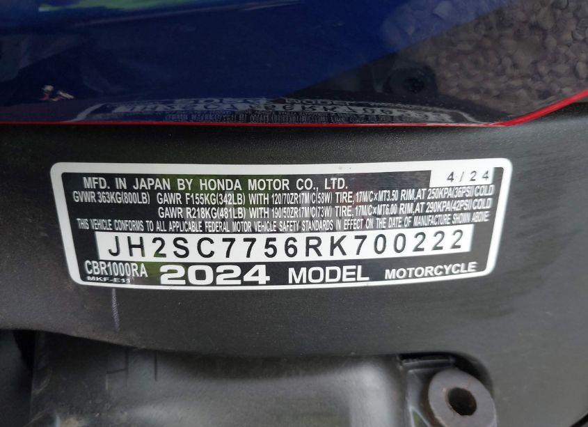 Photo 10 of 2024 Honda Cbr1000 RA (VIN JH2SC7756RK700222)