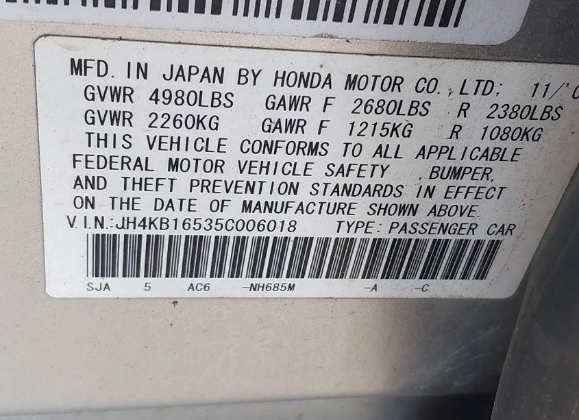 Photo 9 of 2005 Acura Rl 3.5 (48-STATE ONLY) (A5) (VIN JH4KB16535C006018)