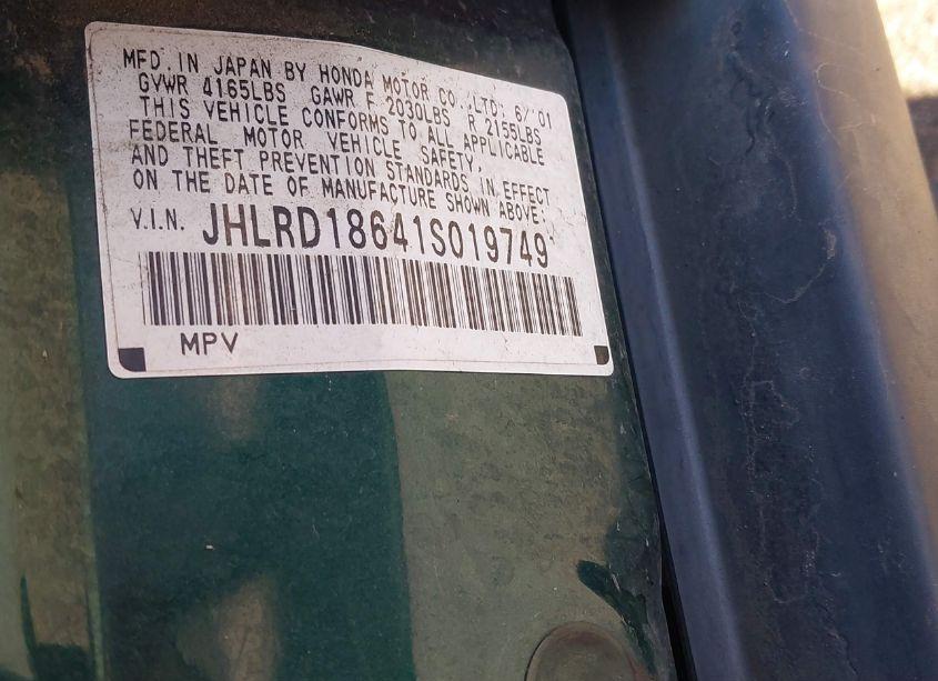 Photo 9 of 2001 Honda Cr-v EX (VIN JHLRD18641S019749)