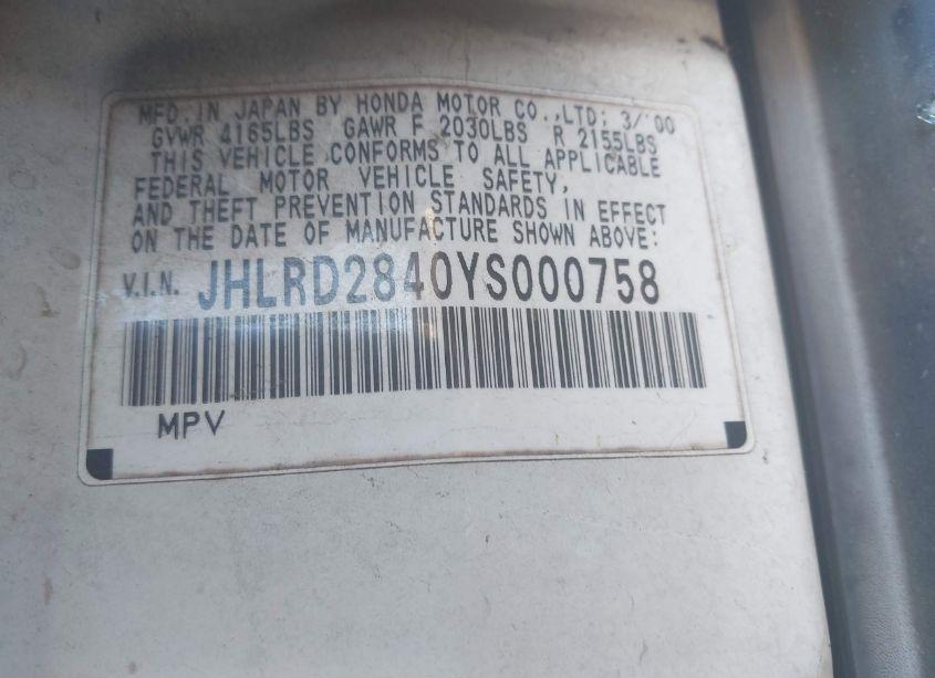 Photo 9 of 2000 Honda Cr-v LX (VIN JHLRD2840YS000758)