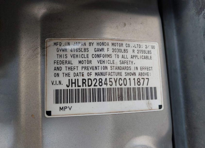 Photo 9 of 2000 Honda Cr-v LX (VIN JHLRD2845YC011877)