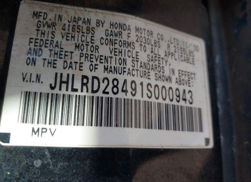 Photo 9 of 2001 Honda Cr-v LX (VIN JHLRD28491S000943)