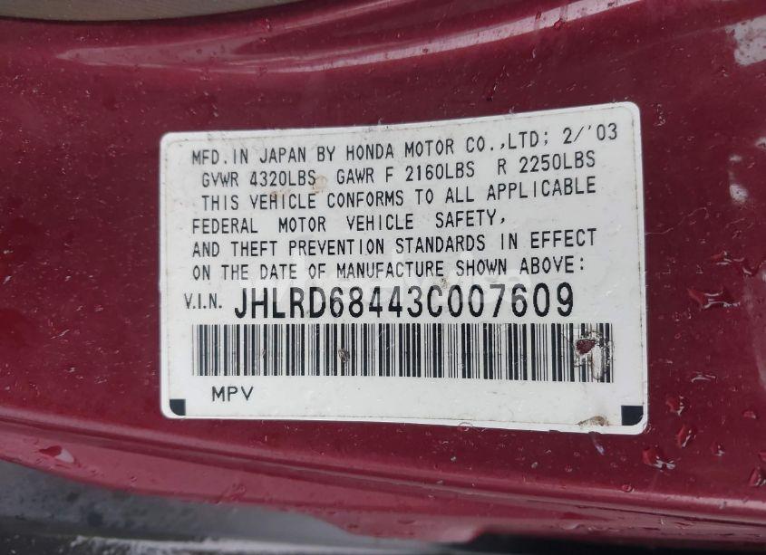 Photo 9 of 2003 Honda Cr-v LX (VIN JHLRD68443C007609)