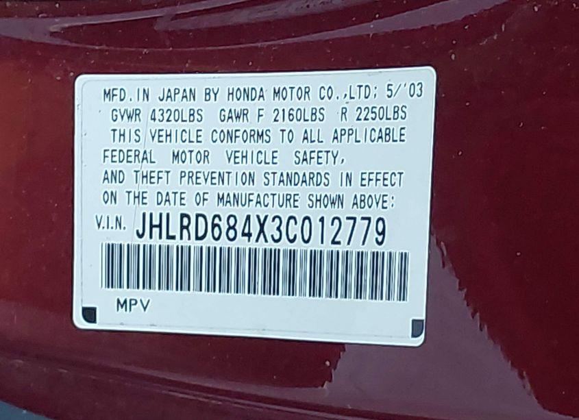 Photo 9 of 2003 Honda Cr-v LX (VIN JHLRD684X3CO12779)