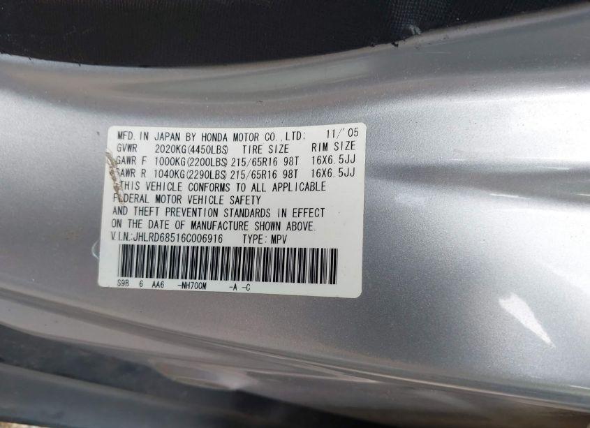 Photo 9 of 2006 Honda Cr-v LX (VIN JHLRD68516C006916)