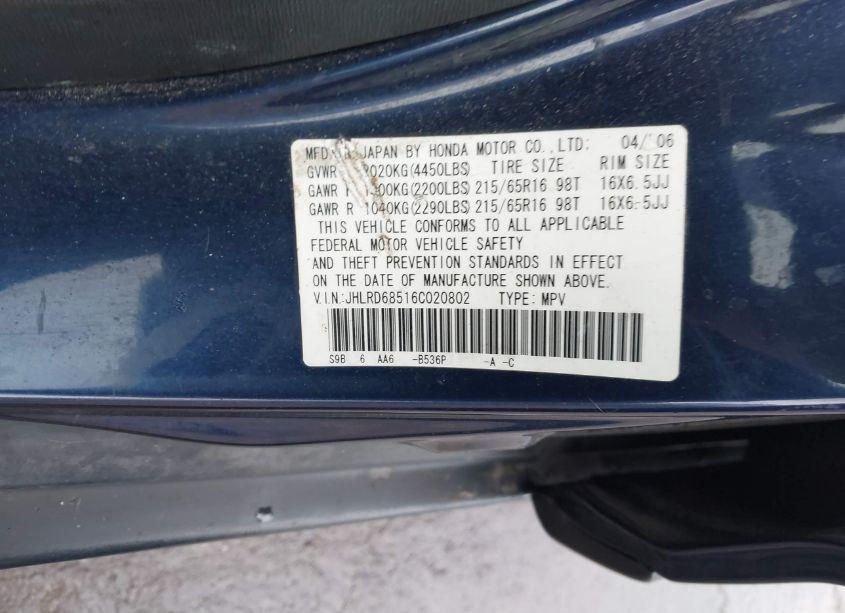 Photo 9 of 2006 Honda Cr-v LX (VIN JHLRD68516C020802)