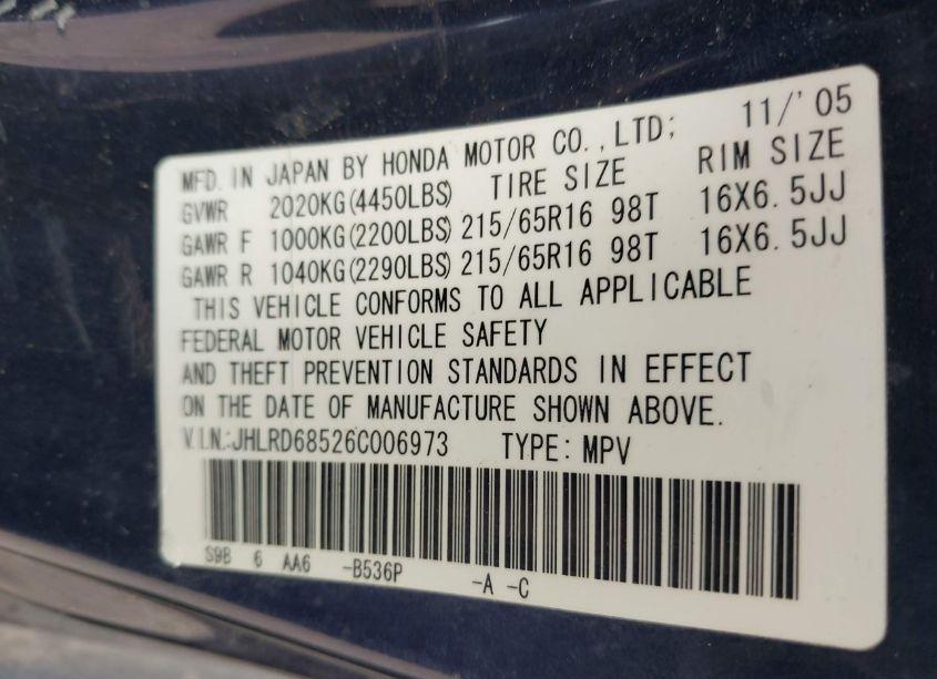 Photo 9 of 2006 Honda Cr-v LX (VIN JHLRD68526C006973)