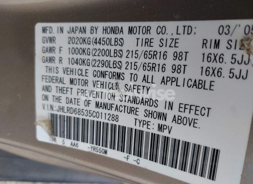 Photo 9 of 2005 Honda Cr-v LX (VIN JHLRD68535C011288)