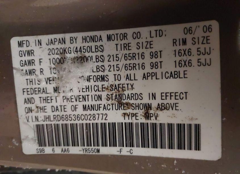 Photo 9 of 2006 Honda Cr-v LX (VIN JHLRD68536C028772)