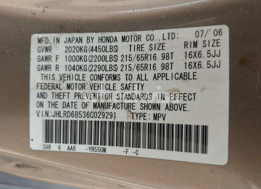 Photo 9 of 2006 Honda Cr-v LX (VIN JHLRD68536C029291)