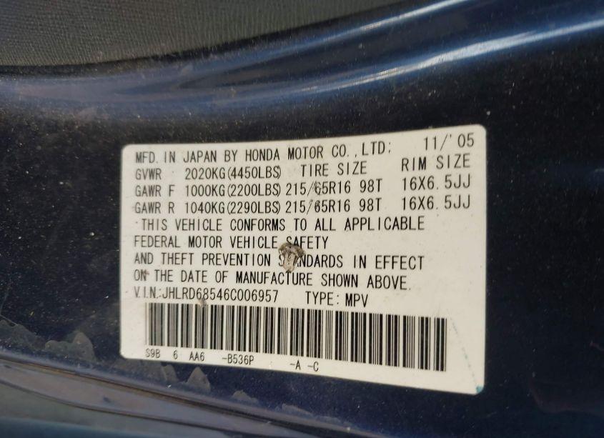 Photo 9 of 2006 Honda Cr-v LX (VIN JHLRD68546C006957)