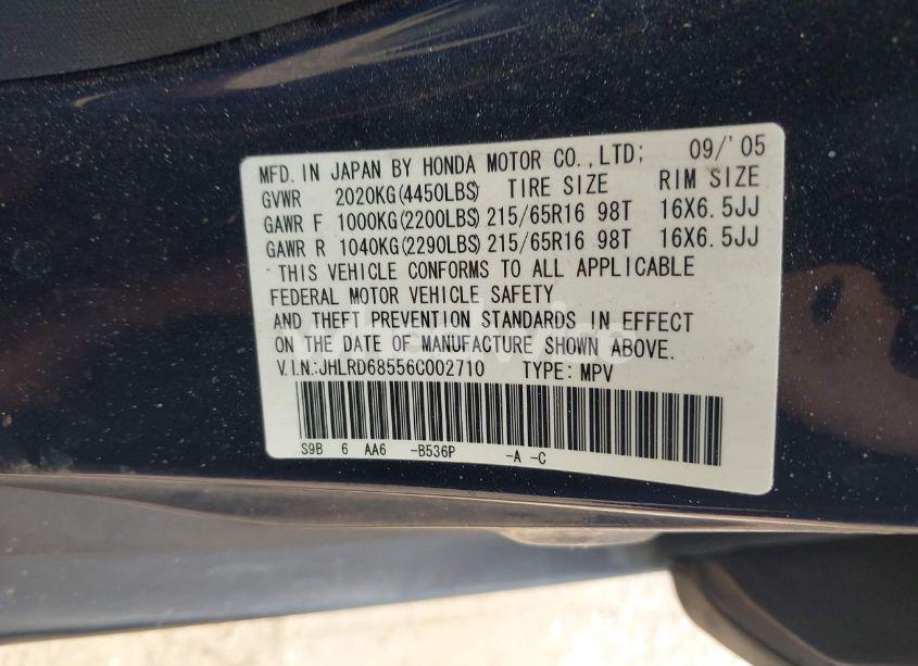 Photo 9 of 2006 Honda Cr-v LX (VIN JHLRD68556C002710)