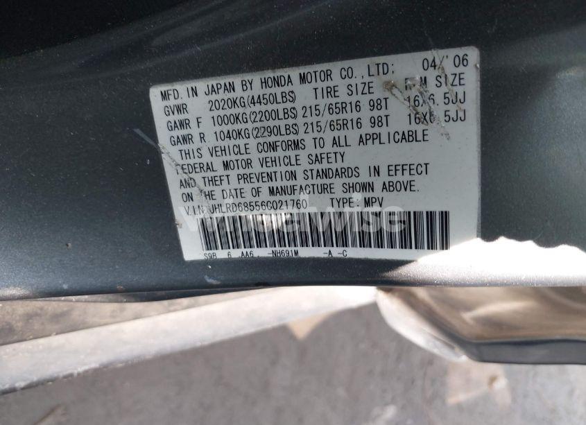 Photo 9 of 2006 Honda Cr-v LX (VIN JHLRD68556C021760)