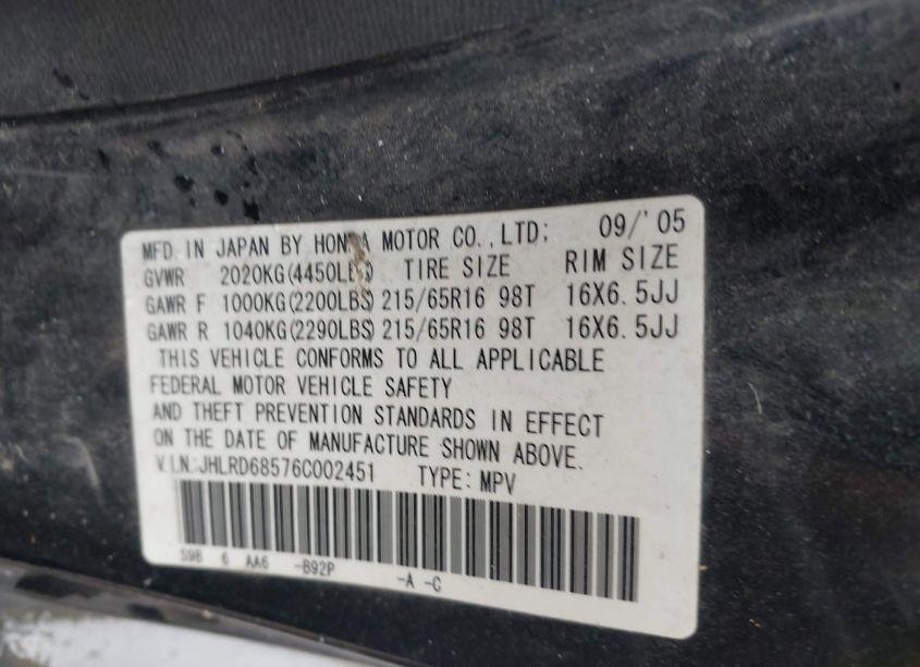 Photo 9 of 2006 Honda Cr-v LX (VIN JHLRD68576C002451)